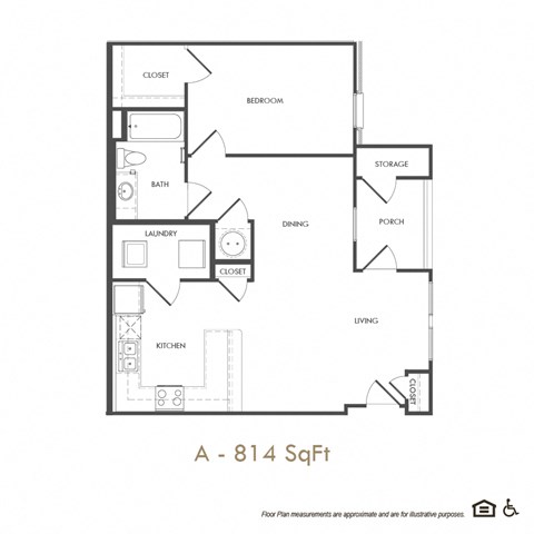 Floor plan for 1 bed, 814 sqft